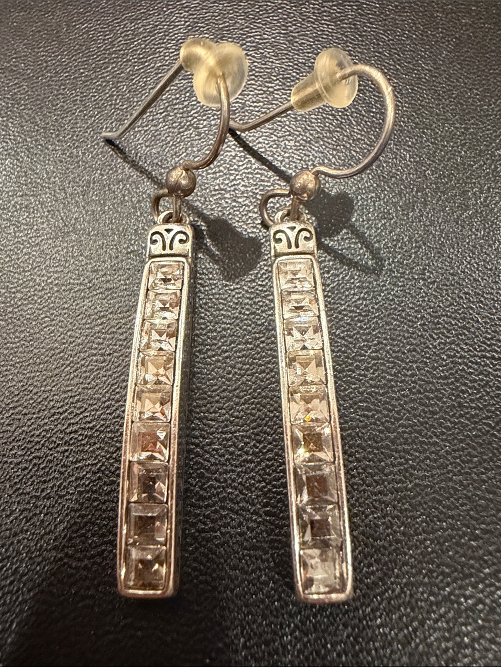 Brighton Silver Crystal Bar Drop Earrings - Clear Rhinestone Accent